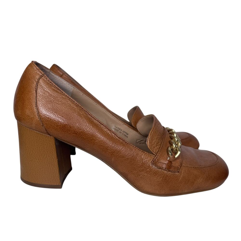 Tahari Brown Leather Chain Loafer Block Heel Pumps Womens Size 8.5 Cognac - Picture 5 of 16